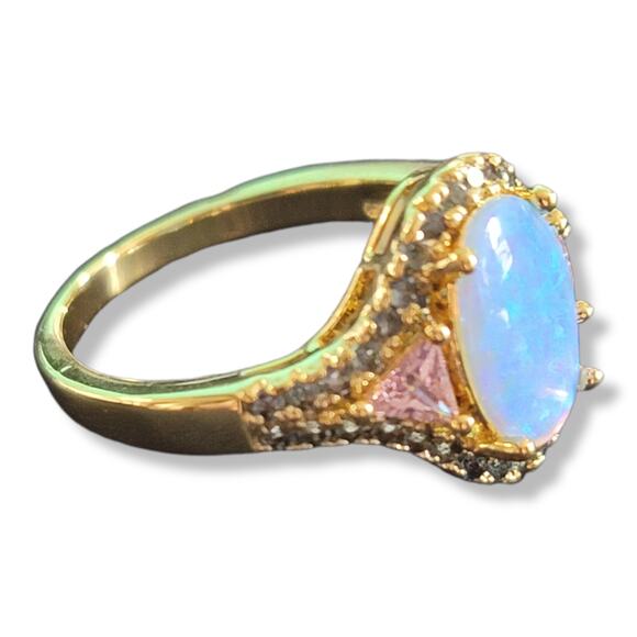 Gold Oval Created Opal Trillion Pink Sapphire and Green Peridot Ladies Ring S 10 - Picture 2 of 6